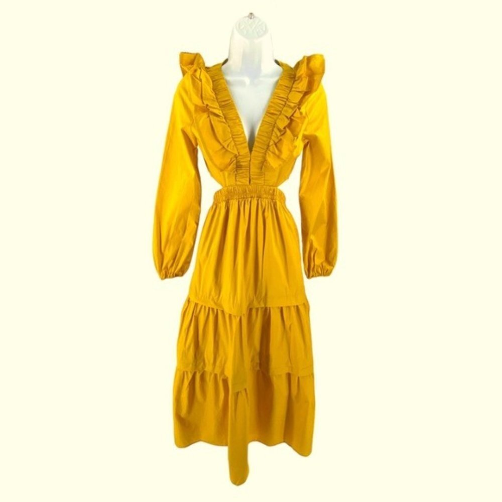 NEW Petal & Pup Mariga Long Sleeve Frill Shoulder Midi Dress in Marigold Size M - Picture 4 of 12